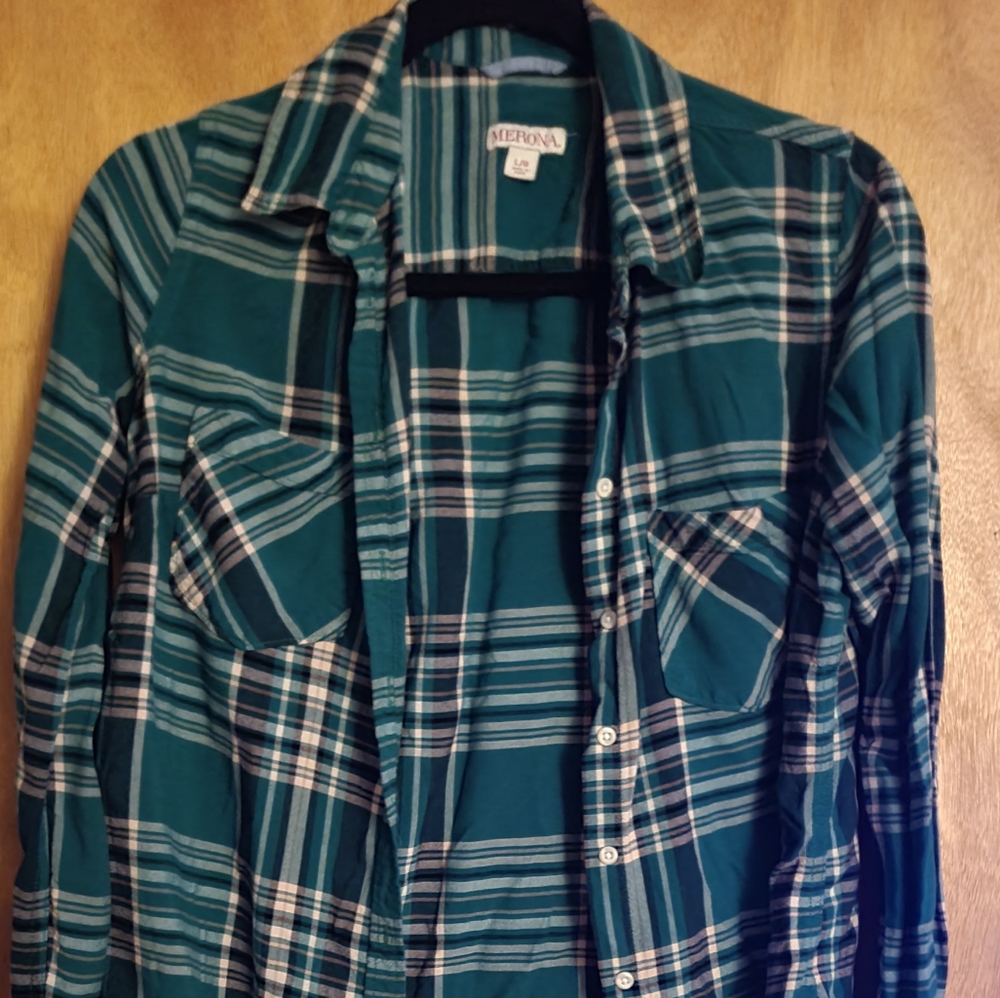 Green plaid button down blouse
